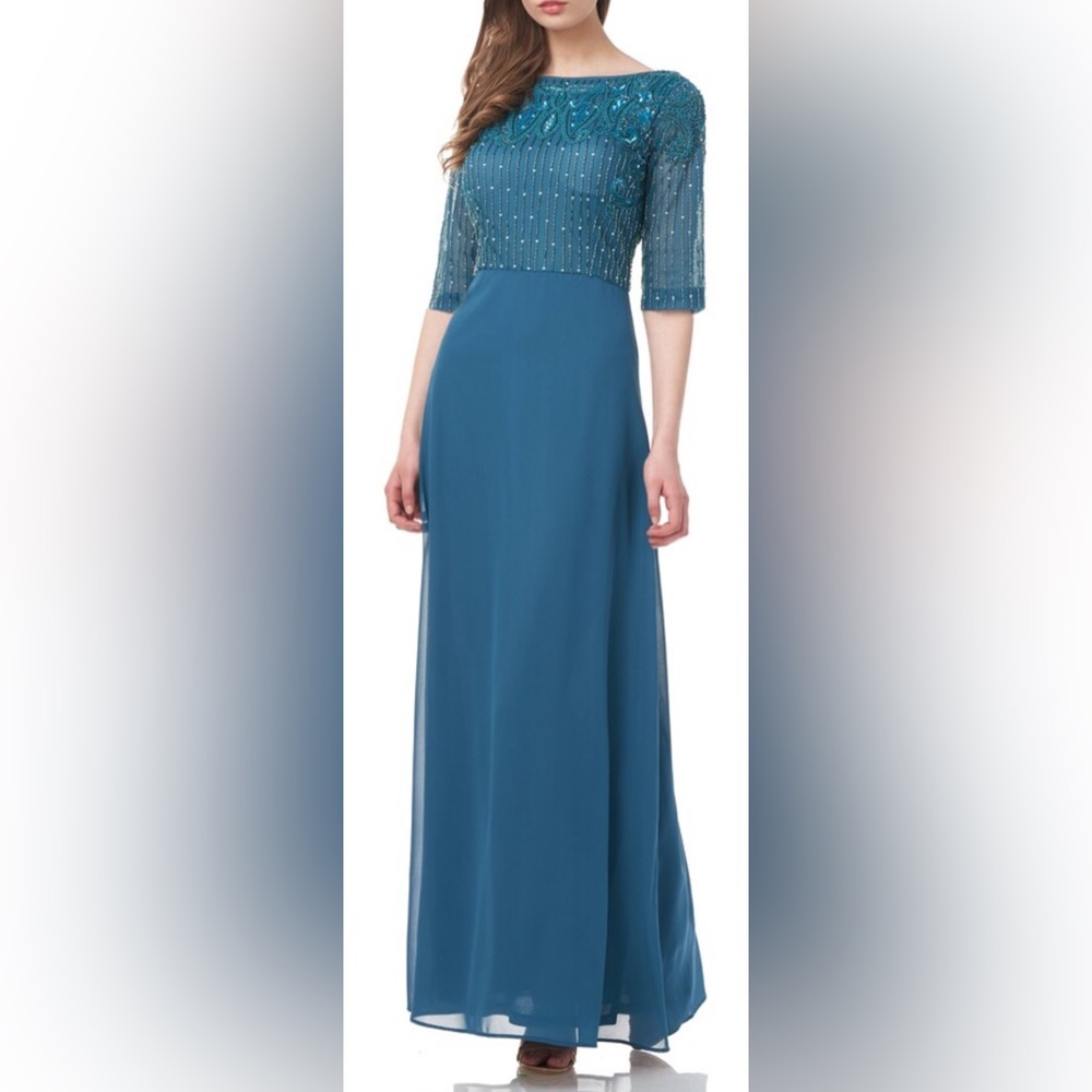 NWT JS Collections Opal Beaded‎ 1/2 Sleeve Evening Gown Dress in Teal Blue - 4